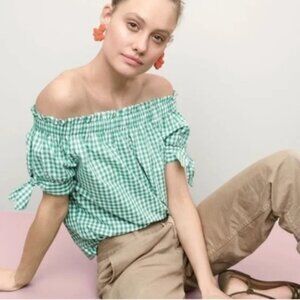 J.CREW | Green Gingham off-the-shoulder puff sleeve blouse